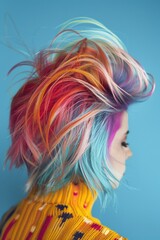 A close-up shot of an individual with vibrant and multi-colored hair