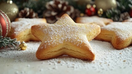 A close-up view of a star-shaped cookie on a table, perfect for use in food and dessert-themed images or as a decorative element
