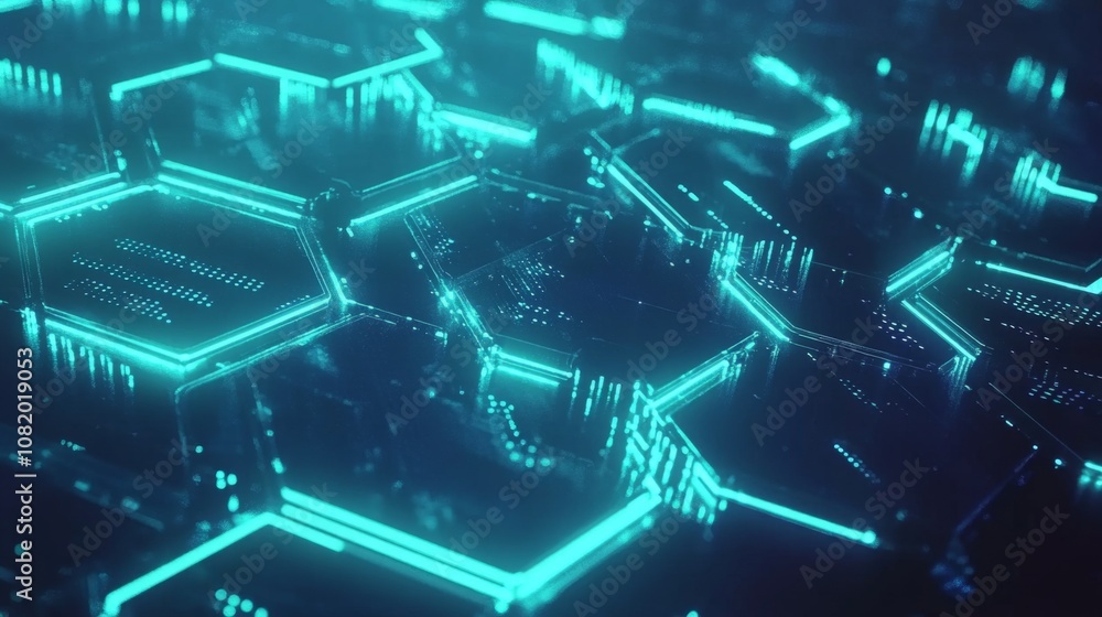 Poster futuristic hexagonal technology background with glowing lines and digital circuit patterns for high-