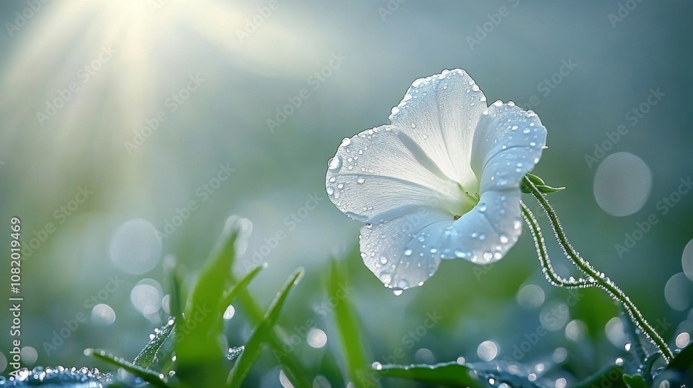 Aufkleber delicate white flower with dew drops illuminated by soft morning light in a serene natural setting