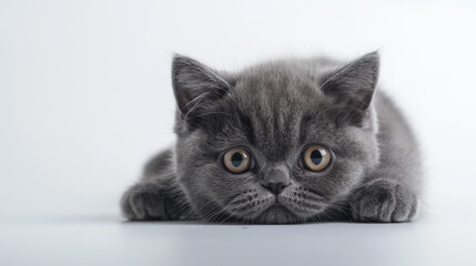 Gray British Shorthair cat lying down with orange eyes.