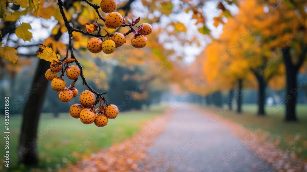 Poster fresh oranges hang from tree branches, ready to be picked