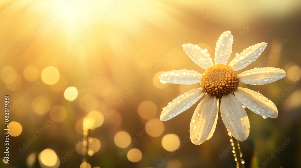 Poster beautiful close-up of a fresh daisy with dew drops glowing in the morning sunshine, surrounded by so