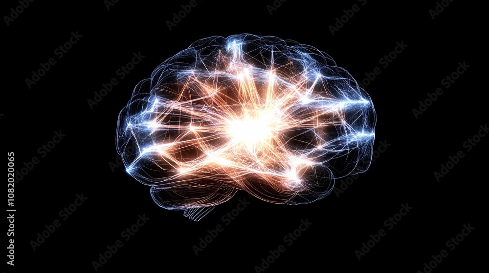 Poster a glowing, abstract representation of the human brain with light streaks connecting the different pa