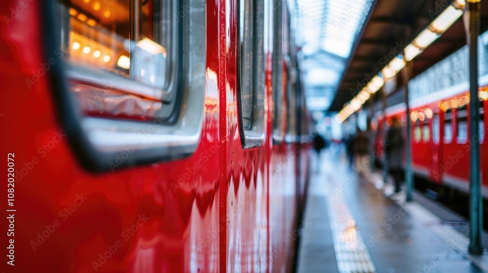 Poster a red train parked at a train station with a platform and buildings in the background