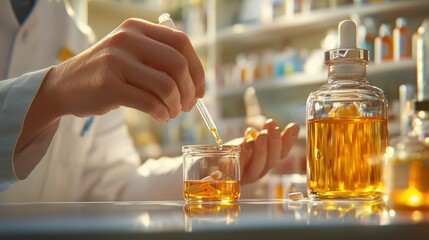 A pharmacist carefully measures and dispenses liquid medicine into a glass container in a well-organized pharmacy setting during daylight hours
