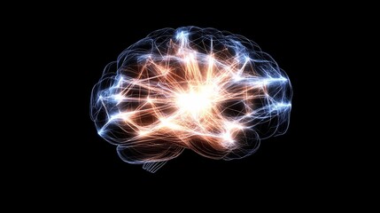 A glowing, abstract representation of the human brain with light streaks connecting the different parts.