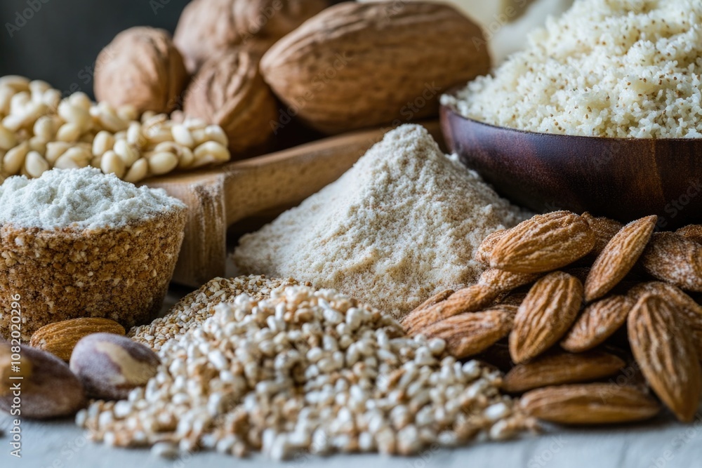 Fototapete a selection of nuts and grains arranged on a table, ideal for use in editorial or commercial content