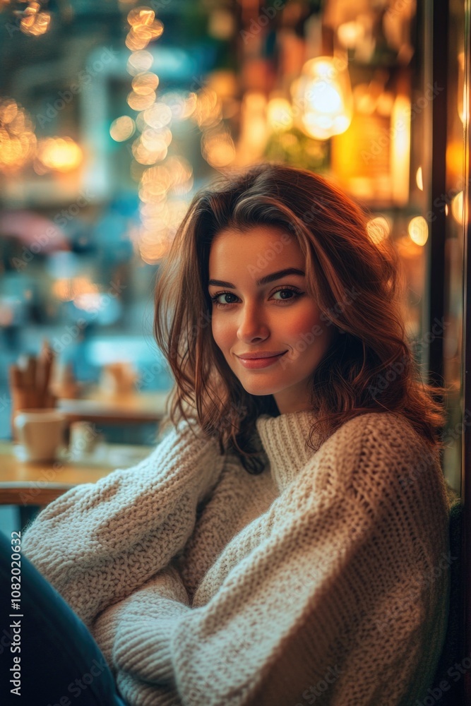Poster a woman sits at a table with a view out the window, ideal for office or home use