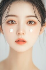 Naklejka premium A beautiful Chinese woman with flawless skin, three spots of white face cream on her face, isolated on a white background, studio shooting, generative ai