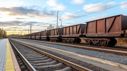 Fototapeta premium Industrial Train Transport with Cargo Containers on Railway Tracks Under Dramatic Sky at Dusk near an Urban Station with Vibrant Colors