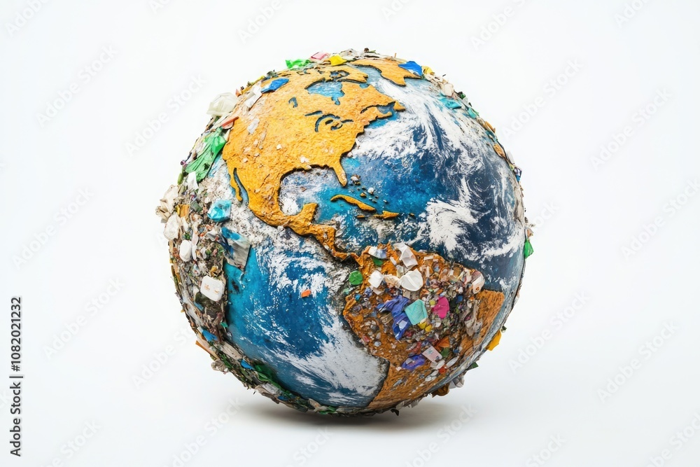 Poster close-up view of a globe with trash and debris covering its surface, highlighting environmental poll