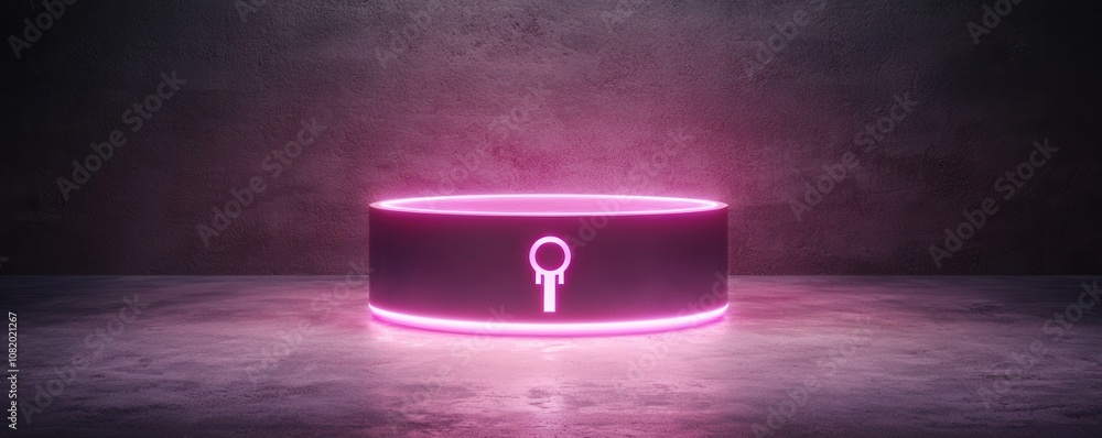 Poster quantum computing of cryptography concept. a glowing pink neon ring with a symbol on a dark, texture