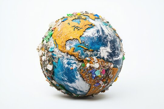 Close-up view of a globe with trash and debris covering its surface, highlighting environmental pollution