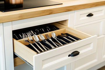 Indoor kitchen drawers with cookware