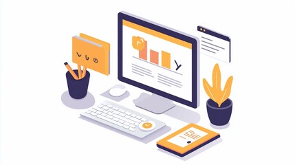 Desktop computer with keyboard, mouse, phone, plant, and folder.