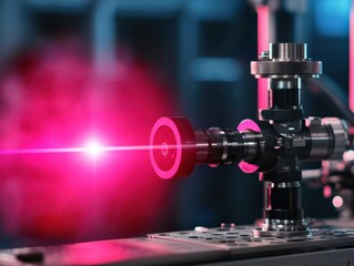 Fototapeta premium Quantum computing of cryptography concept. A laser system emits a vibrant pink beam of light, showcasing advanced technology in a scientific or industrial setting.