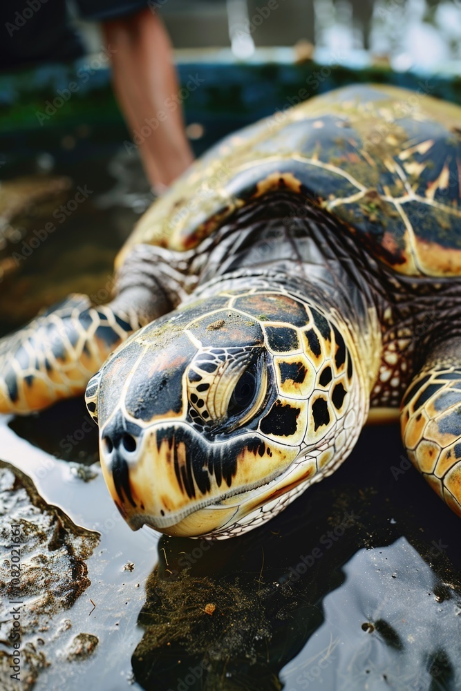 Poster close-up view of a turtle swimming in calm waters