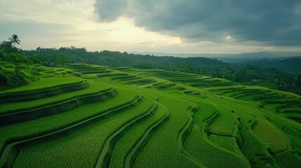 Fototapeta premium A sprawling rice terrace landscape in Asia, with layers of green fields under a cloudy sky.