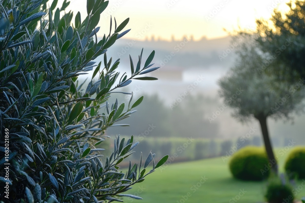 Poster a serene landscape image of a field with tall trees and dense bushes