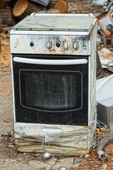 one rusty dirty discarded white old kitchen gas with an closed oven broken iron stove stands on the...
