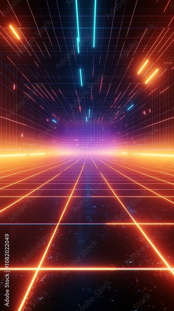 Poster futuristic neon grid in virtual space with glowing lines for dynamic cyber themed displays and backd