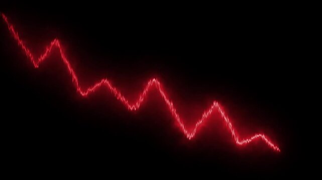Decreasing trend red glowing line graph on black background. 4K animation of downtrend in stock market. Financial recession or  crisis concept