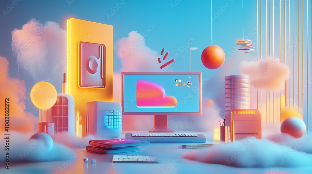 Aufkleber a computer with a cloud icon on the screen is sitting on a desk surrounded by colorful 3d shapes and