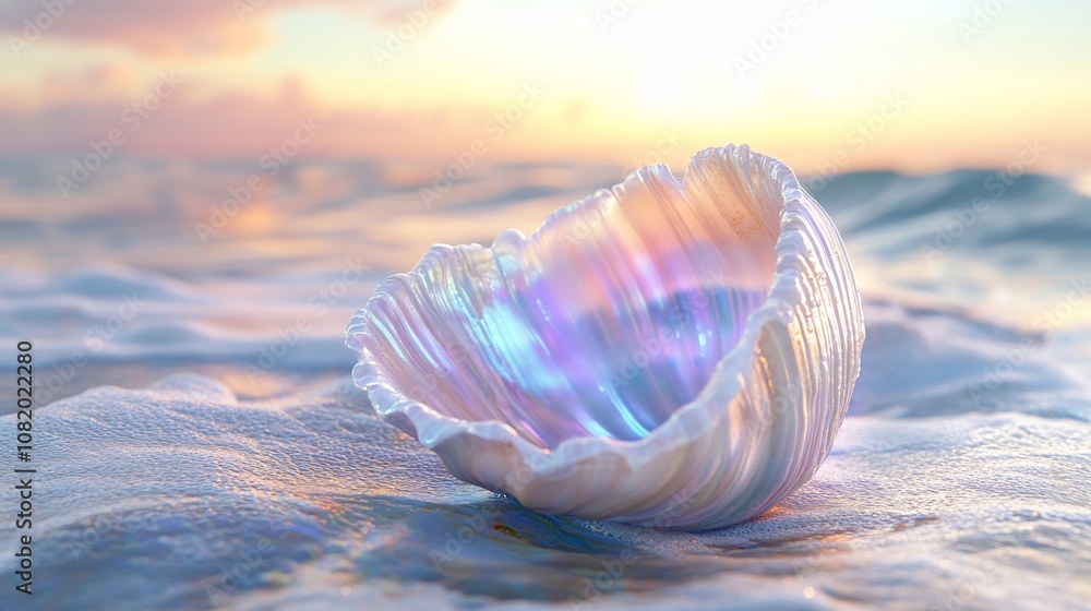 Poster a large iridescent seashell rests on a sandy beach at sunset, with the ocean waves gently lapping at