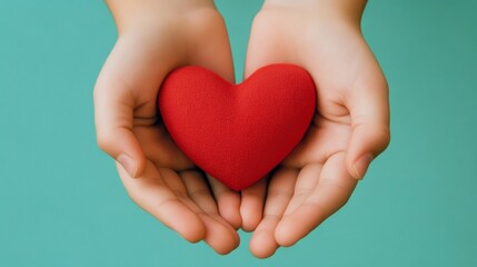 Fototapeta premium Hands Holding Red Heart Against Turquoise Background Symbol of Love and Care