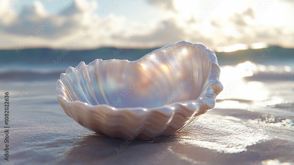 Poster a large, pearly seashell sits on the wet sand of a beach, with the setting sun shining through its o