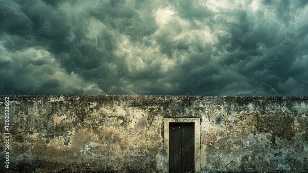 Poster an old building with a door and stormy weather in the background