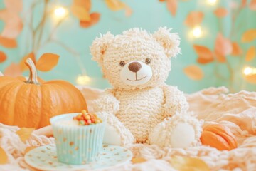 Cozy Autumn Scene with Plush Teddy Bear, Pumpkin, and Cupcake Decoration