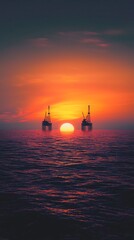 Dramatic Sunset Silhouettes of Oil Rigs on the Ocean Horizon Symbolizing Energy and Natural Resource