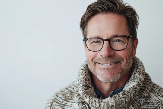 A person sitting with glasses and sweater, good for editorial use