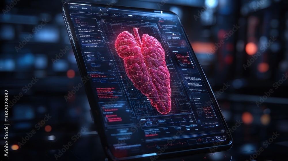 Poster digital tablet displaying a holographic heart model for analysis.