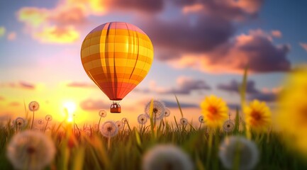 Naklejka premium Hot Air Balloon Floating Above Meadow with Dandelions and Grass at Sunset