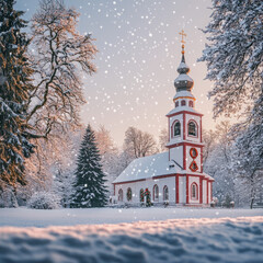 Fototapeta premium Charming Christmas Illustrations with Featuring A Snowing Landscape With Church In Background
