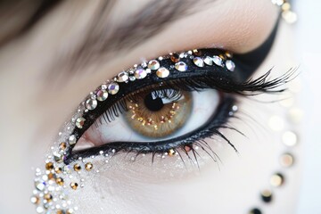 A detailed view of an eye with sparkly glitter applied, ideal for beauty or party theme concepts