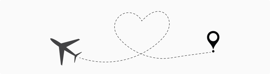 Plane paths. Aircraft tracking, planes, travel, map pins, location pins. Romantic travel, heart dashed line trace and plane routes.