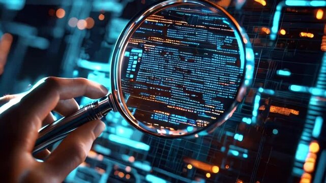 Male QA engineer hand holding magnifying glass over digital code interface. Data analysis, quality assurance, software testing and debugging