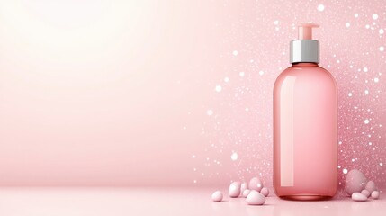 Skincare toner bottle with dewdrops soft pink background product photography minimalist style close-up refreshing concept