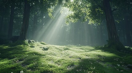 Obraz premium A tranquil forest clearing with sunlight filtering through the trees onto a carpet of moss.