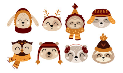 Winter animals clipart. Cute animal faces clipart. Winter characters. Hand draw vector illustration in flat style