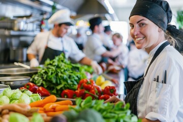 A woman stands at a counter filled with fresh vegetables, ready for shopping