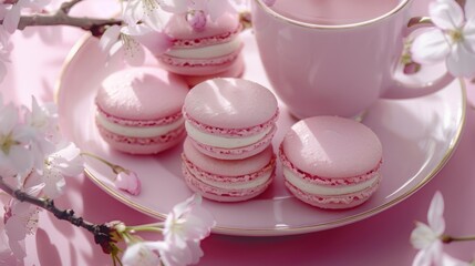 A plate of colorful macarons paired with a cup of hot coffee, perfect for a cozy breakfast or afternoon pick-me-up