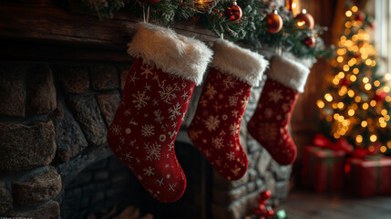 Charming Christmas Illustrations with Featuring A Close-Up Of Christmas Stockings Hanging From A Rustic Mantel