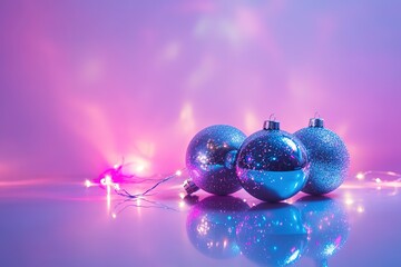 Shimmering blue Christmas baubles with glowing lights