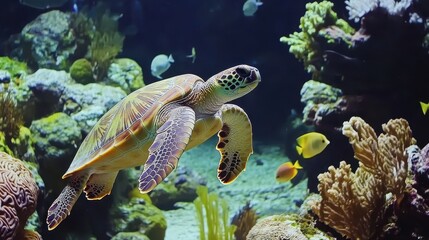 Obraz premium A turtle swimming peacefully in a coral reef, surrounded by small fish and aquatic plants.