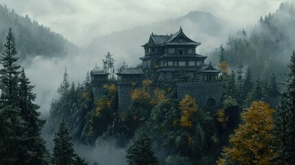 Japanese castle on a hill surrounded by pine trees under cloudy soft light